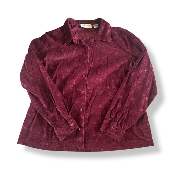 Lemon Grass Tops - [Lemon Grass] Burgundy Embroidered Corduroy Shirt